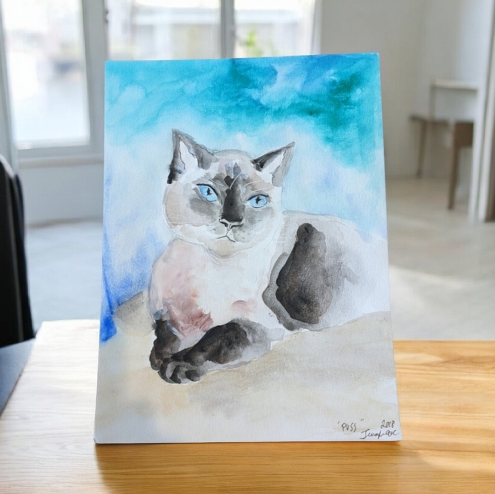 Original signed Watercolor. "Puss", Siamese cat. Pet Portrait.
